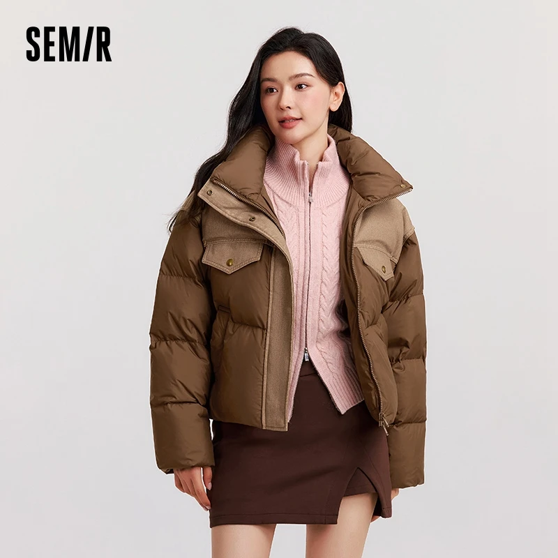 Semir jaqueta feminina impermeável retalhos oversize gola 2025 inverno novo casaco na moda