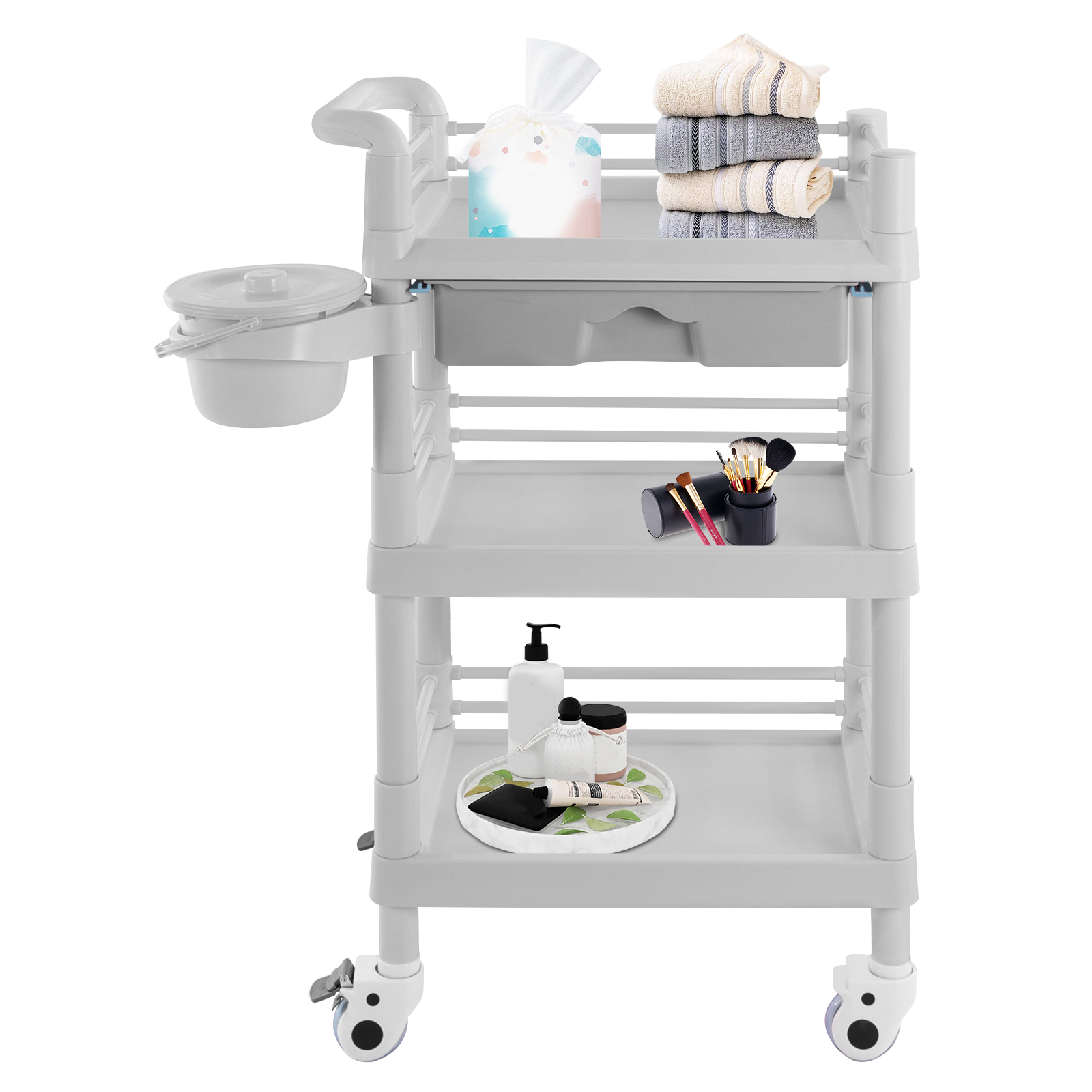 3-tier Beauty Trolley Salon Trolley With Drawer And Waste Bin For Barber Shops, Beauty Shops, Pet Shops 54*37*98cm