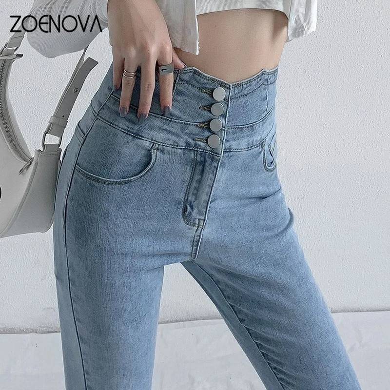 ZOENOVA กางเกงยีนส์ดินสอผอมสี่ปุ่มวินเทจสูงเอวผู้หญิง Slim ยืดกางเกงยีนส์กางเกงกางเกงแน่น 2022 ผู้หญิงกางเกง