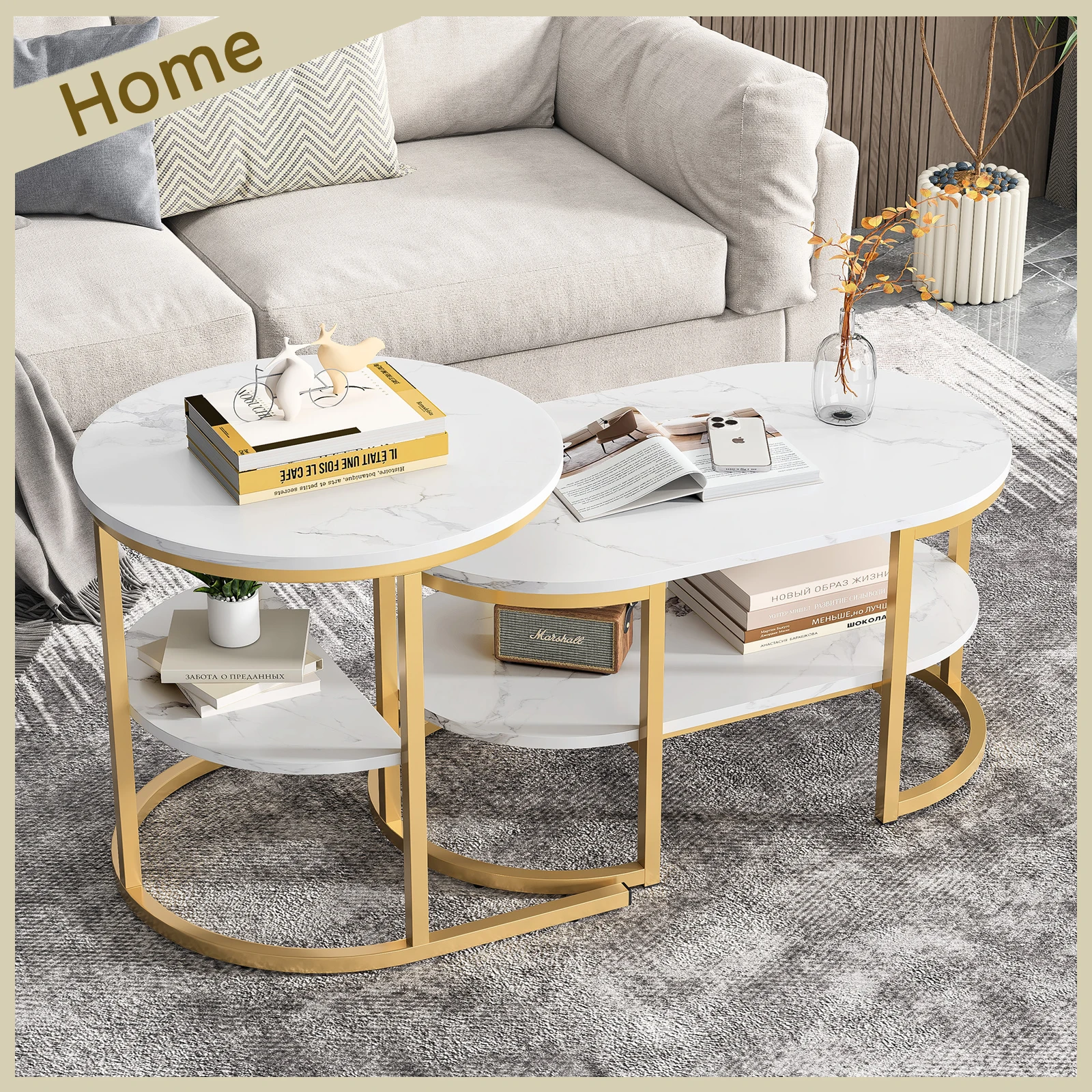 Mesa de centro Lazyspace redonda de mármore branco com ouro/preto - conjunto de 2 mesas redondas para sala de estar - diâmetro 80x52cm
