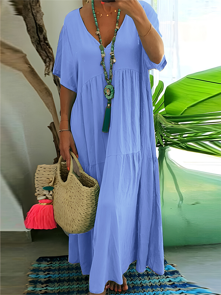 Plus Size Damen Casual Loose V-Ausschnitt Solides Langes Kleid Frühling Sommer Plissee Big Size Damenkleid