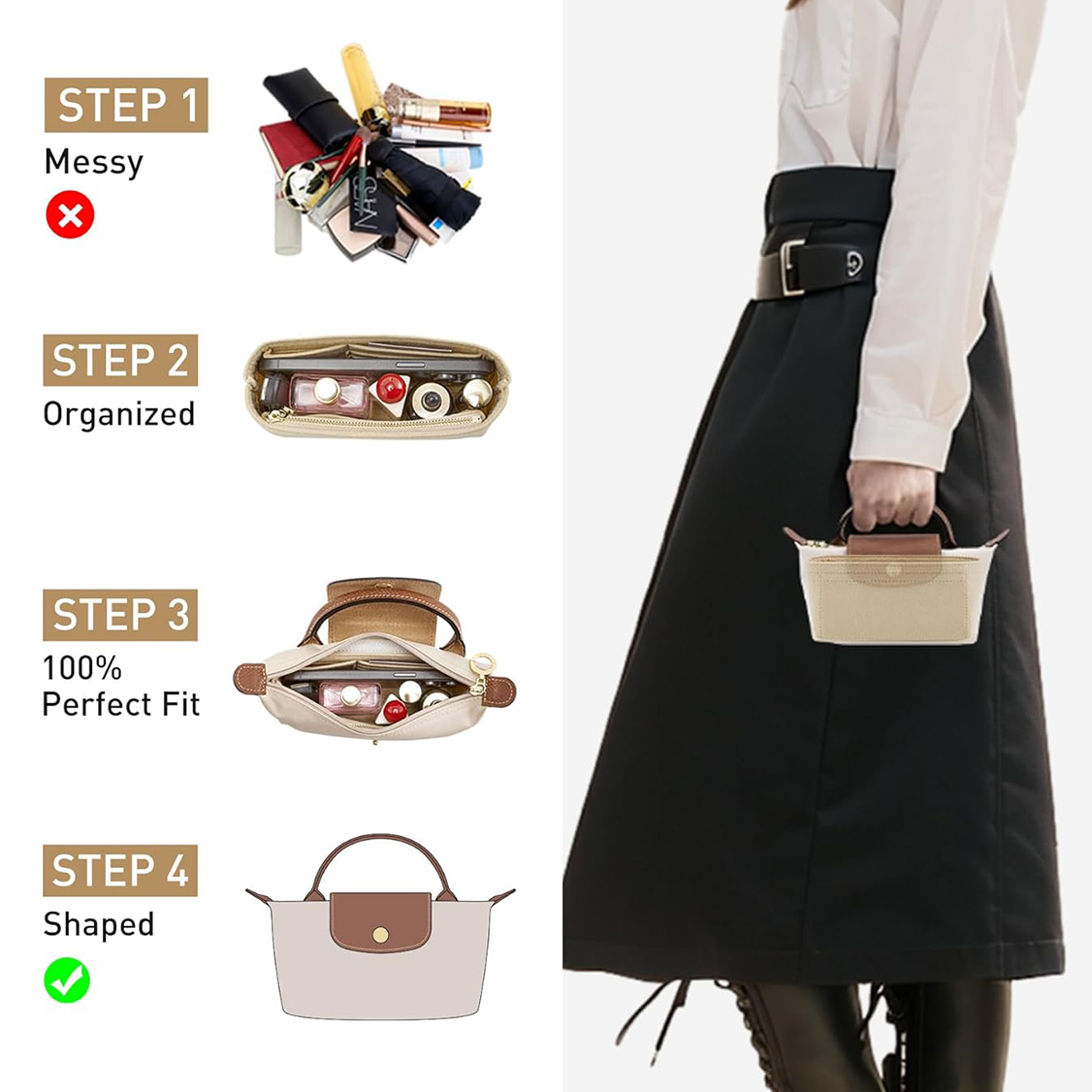 Longchamp Mini Le Pliage Organizador, Fit Small Tote Bag, armazenamento e revestimento do forro, Bolsas Inserir, Adequado