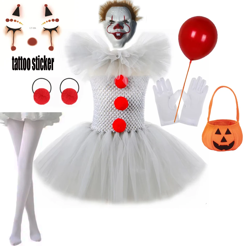 Girls Cosplay Gray Joker Halloween Costume Tutu Dress Creepy Clown Kids Carnival Party Clothes Children Tulle Fancy Party Dress