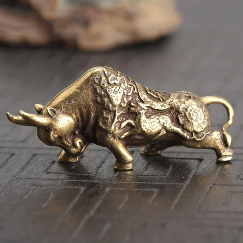 Brass Lucky Bull Statue, Copper Animal Figurine for Home & Office Desk Decor, Wealth Bring Ornaments
