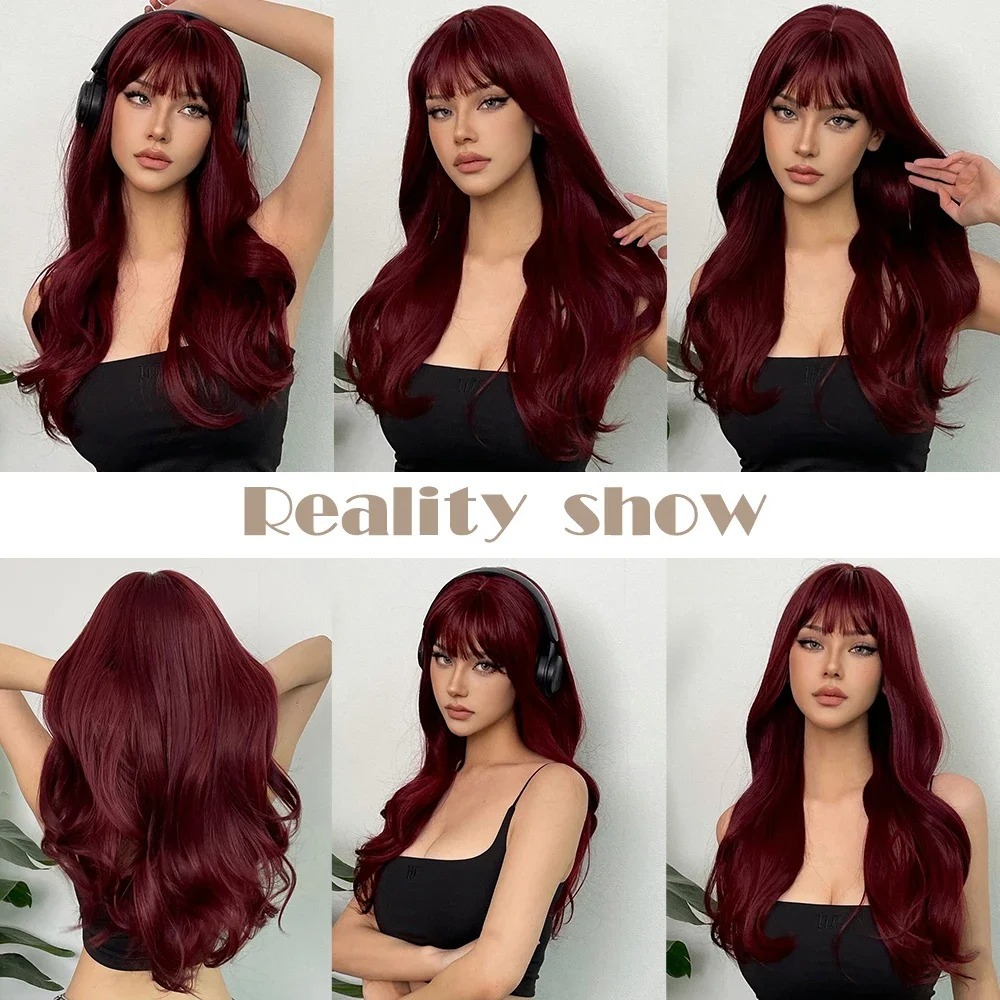 Parrucca sintetica ondulata lunga bordeaux vino rosso colorato cosplay parrucche Lolita con frangia per donne capelli naturali afro resistenti al calore