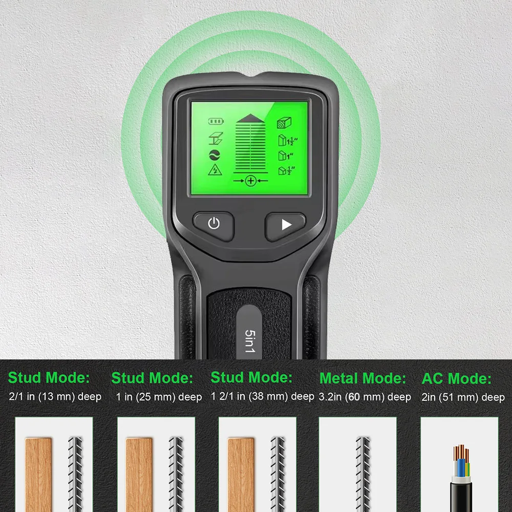 เครื่องตรวจจับผนังมือถืออเนกประสงค์ 5 โหมดจอแสดงผล LCD เครื่องตรวจจับสตั๊ด, ตรวจจับโลหะ/ลวด AC/ไม้/สายโดยการสแกนผนัง