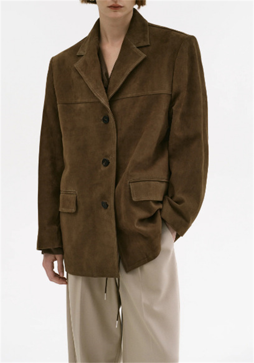 Vintage หนังนิ่มสีน้ําตาลแจ็คเก็ตผู้หญิงฤดูใบไม้ร่วงฤดูหนาวแขนยาว Single Breasted กระเป๋า Blazer Coat หลวมเดินทาง Tops