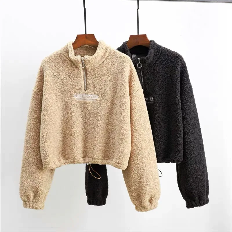 Vrouwen Letter Borduurwerk Stand Hals Fleece Cropped Hoodies Herfst Lange Mouw Trekkoord Sweatshirt Nieuwe Casual Pluche Fluwelen Tops