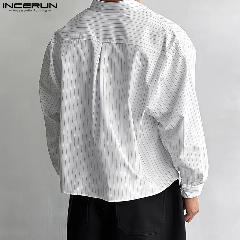 INCERUN Tops 2025 estilo coreano camisa recortada a rayas simples informal para hombre ropa de calle de moda Blusa de manga larga superventas para hombre