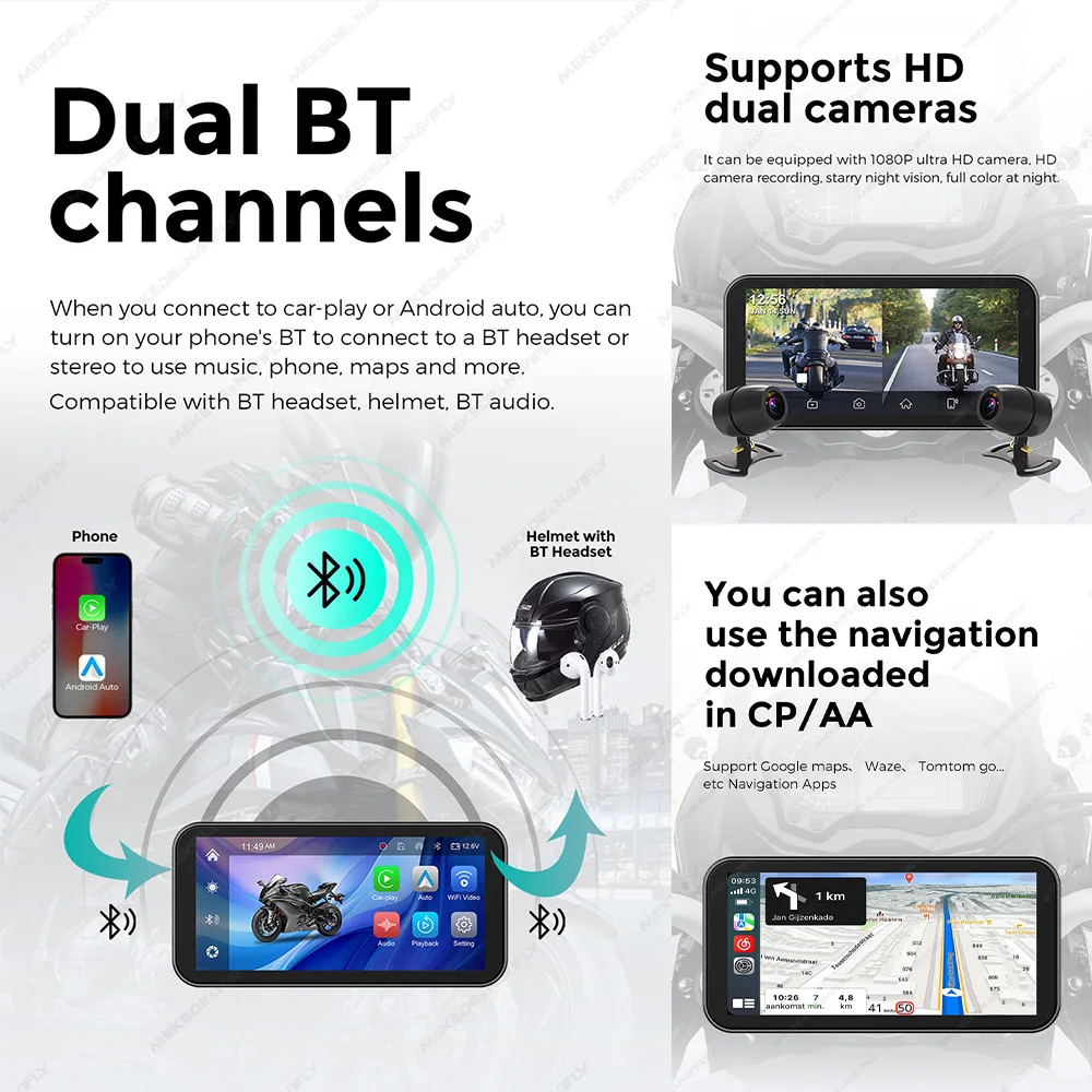 MEKEDE 6,25 Zoll Motorrad Tragbare Navigation GPS Drahtlose CarPlay Android Auto IP67 Wasserdichte Motorrad Touch Screen Display