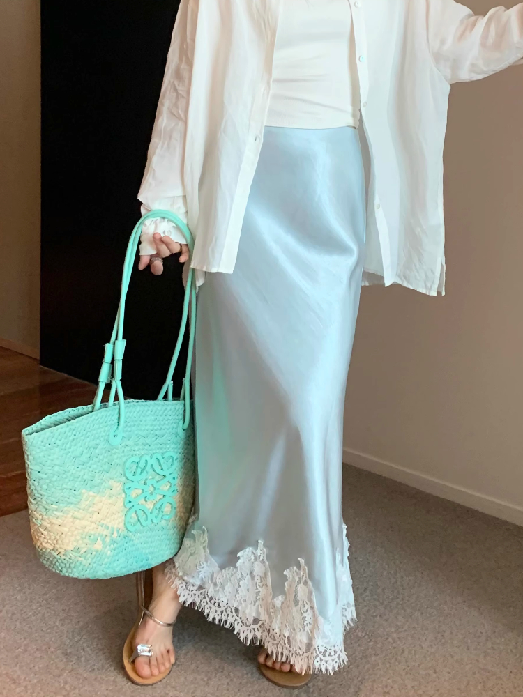 Elegante lange rokken voor dames zomer hoge taille kanten satijnen rok dames A-lijn Koreaanse mode effen kleur losse damesrok