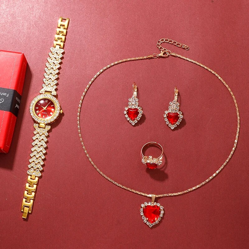Reloj de lujo dorado para mujer, anillo, collar, pendiente, diamantes de imitación, reloj de pulsera informal para mujer, conjunto de joyería