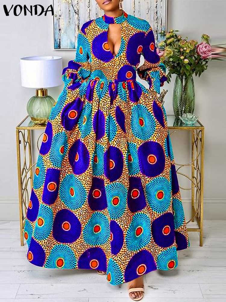 VONDA-Vestido largo de talla grande para mujer, prenda de manga larga, holgada e informal, con estampado Floral, para otoño, 2024