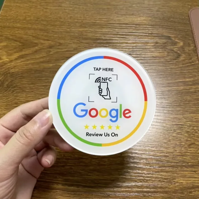 Cartão de revisão redondo programável do google 13.56mhz, cartão redondo nfc, display de revisão do google, suporte redondo da marca do cartão de remendo