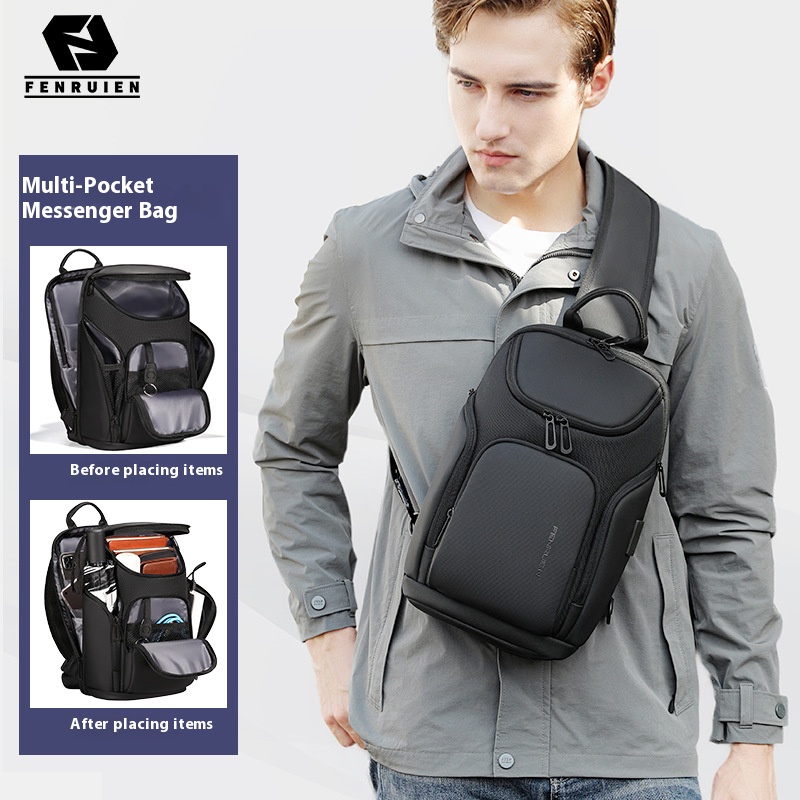 Fenruien bolsa de ombro masculina, bolsa crossbody com carga usb à prova d'água para viagem curta, bolsa de peito adequada para ipad de 9.7 espaços