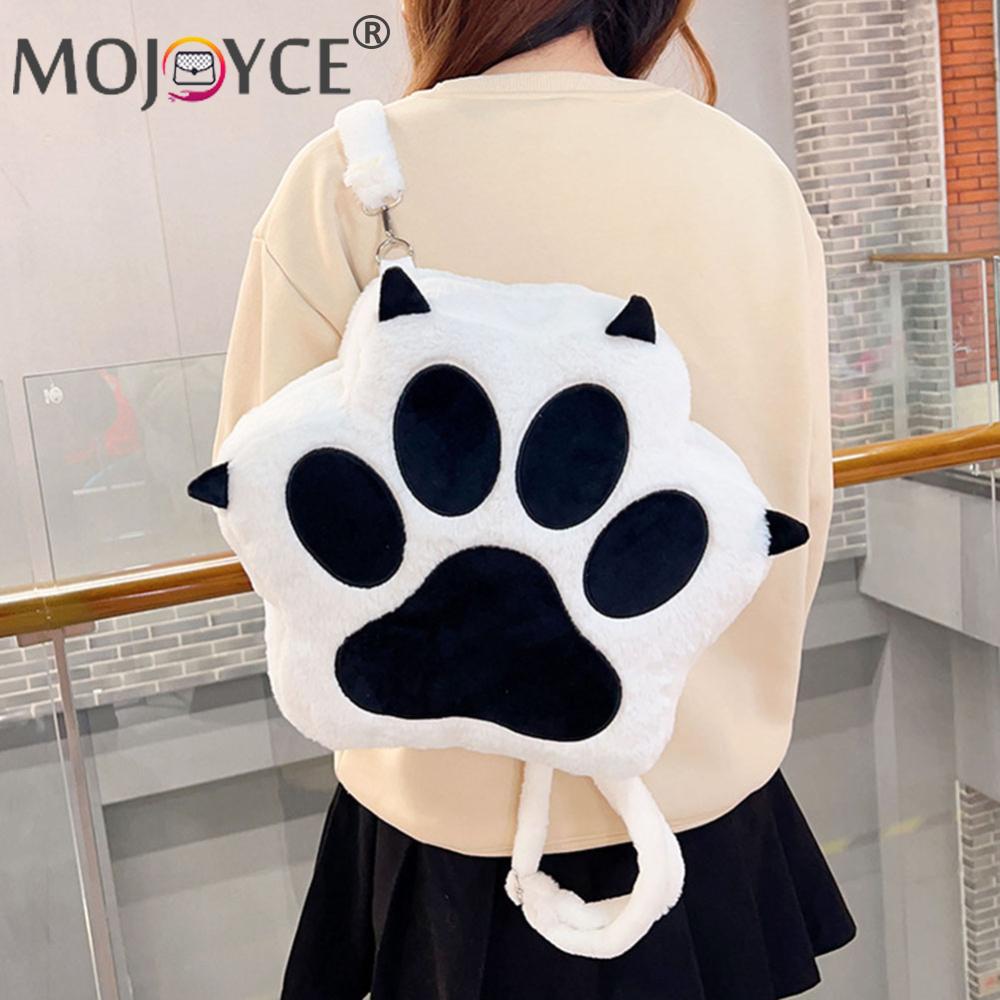 Mochila de felpa con diseño de Pata de Gato para mujer y niña, con correas ajustables morral, suave, peludo, JK, bolso de dibujos animados