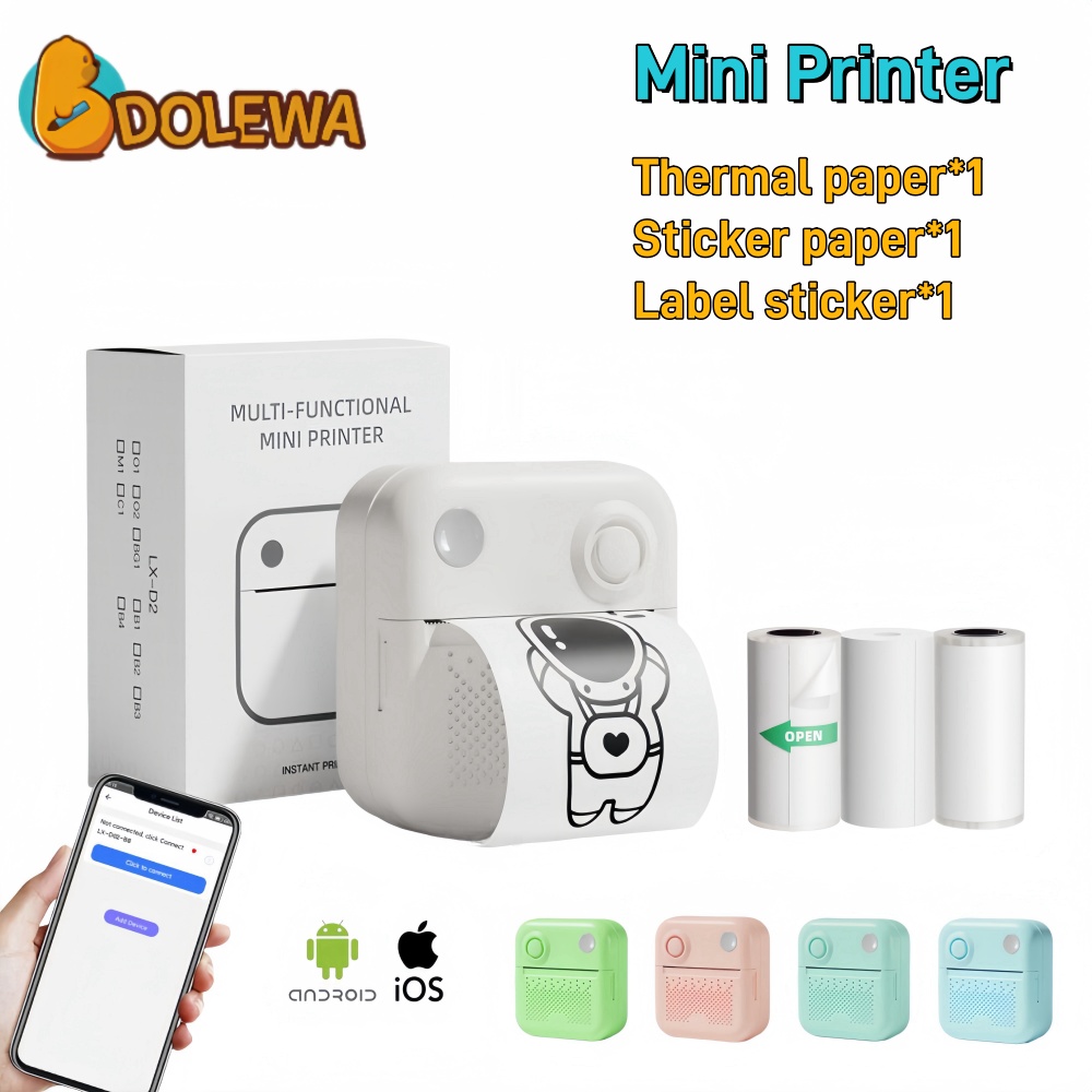 DOLEWA D3 Mini Portable Printer Android ios Bluetooth Stickers Thermal Printing Label Printer Code Tag Journal Memo Scrapbook