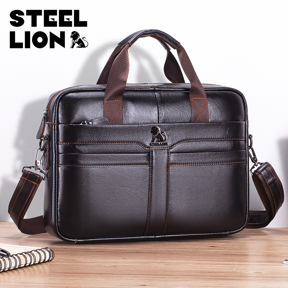 STEEL LION leather men's briefcase, large capacity business office bag, cowhide computer bag, can be carried by hand or shoulder