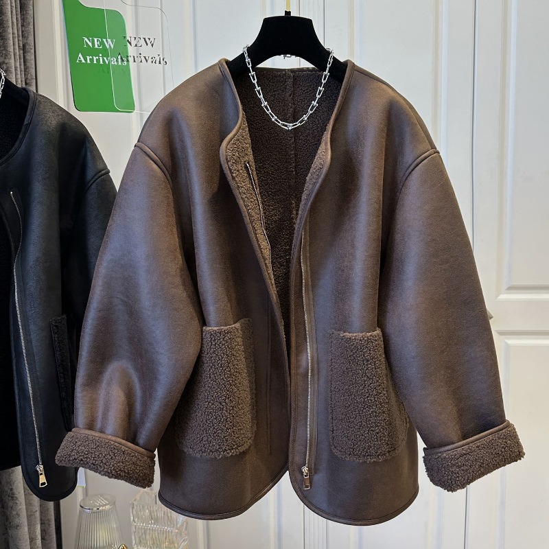 Super süßer Damen-Reißverschluss-Pelz-Patchwork-Einteiler mit Rundhalsausschnitt, warmer, lässiger Winter-Bestseller-Mäntel und Jacken für Damen