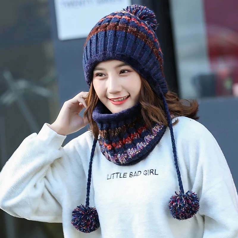 Set di sciarpe per cappelli lavorati a maglia da donna per l'inverno all'aperto Tenere al caldo Berretti da donna spessi e sciarpe ad anello Set da 2 pezzi con palla