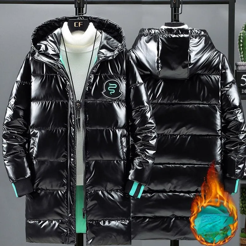 Mittellange Daunenjacke aus Baumwolle für Herren, dicker Daunenmantel, glänzender Mantel, gesteppter Kapuzenpullover, Mütze, Wintertrend, lässig, neu