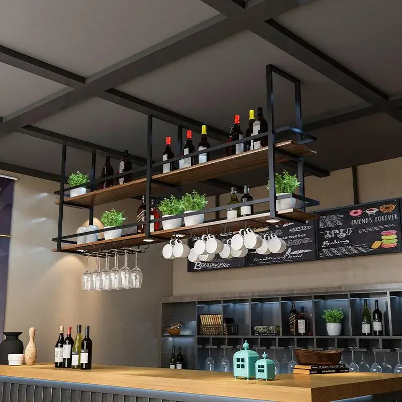Industrial Style Solid Wood Iron Hanging Rack Storage Rack Bar Counter Restaurant Bar Kitchen Hanging Ceiling Hanging Cabinet