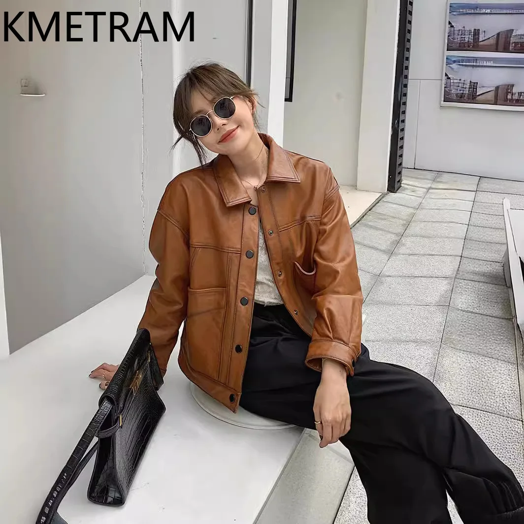 女性用本革ジャケット,シープスキン100%,ヴィンテージブラウンバイクアウター,秋冬服,2024, 2023
