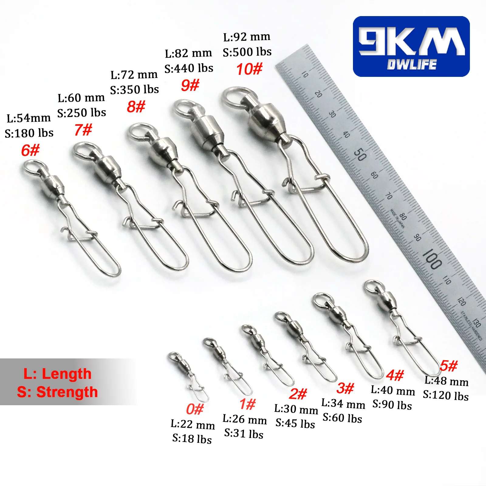 9KM 10Pcs 낚시 볼 베어링 회전 Duolock 스냅 스테인레스 스틸 낚시 커넥터 크레인 배럴 미끼 물고기 태클과 회전