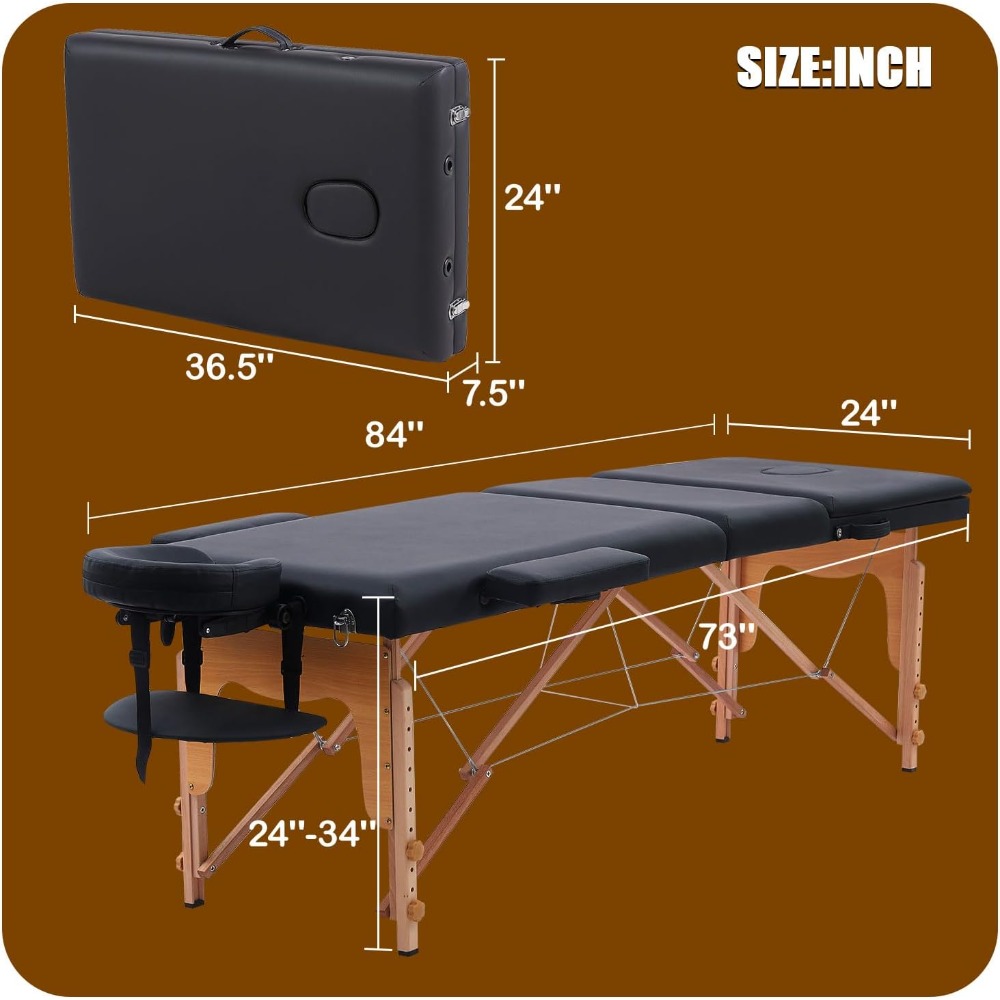 Portable Massage Bed with Neck Stretcher, 84 inch Folding Massage Table for Eyelash Extensions & Beauty Tattoo (Black)