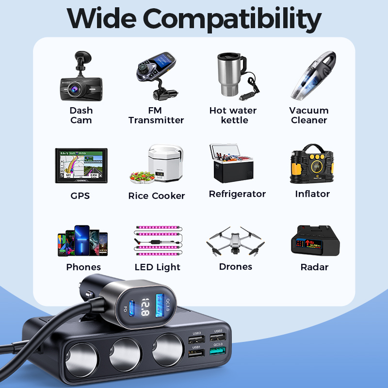 Joyroom 154W 9 in 1 Car Charger Adapter PD 3 Socket Cigarette Lighter Splitter Charge Independent Switches DC Cigarette Outlet