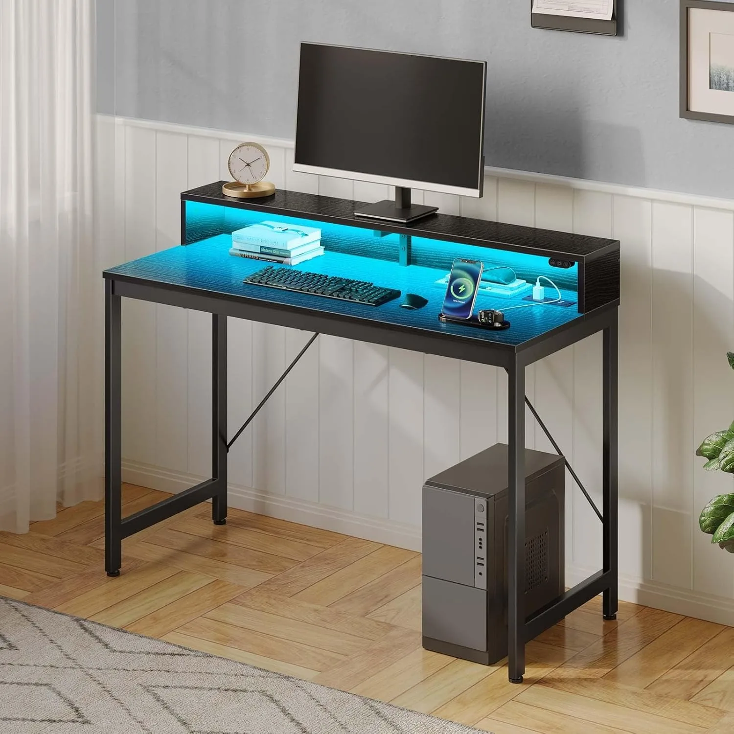 Computer Desk 47 inch with LED Lights & Power Outlets, Home Office Desk with Monitor Shelf, Gaming Desk, Writing Desk