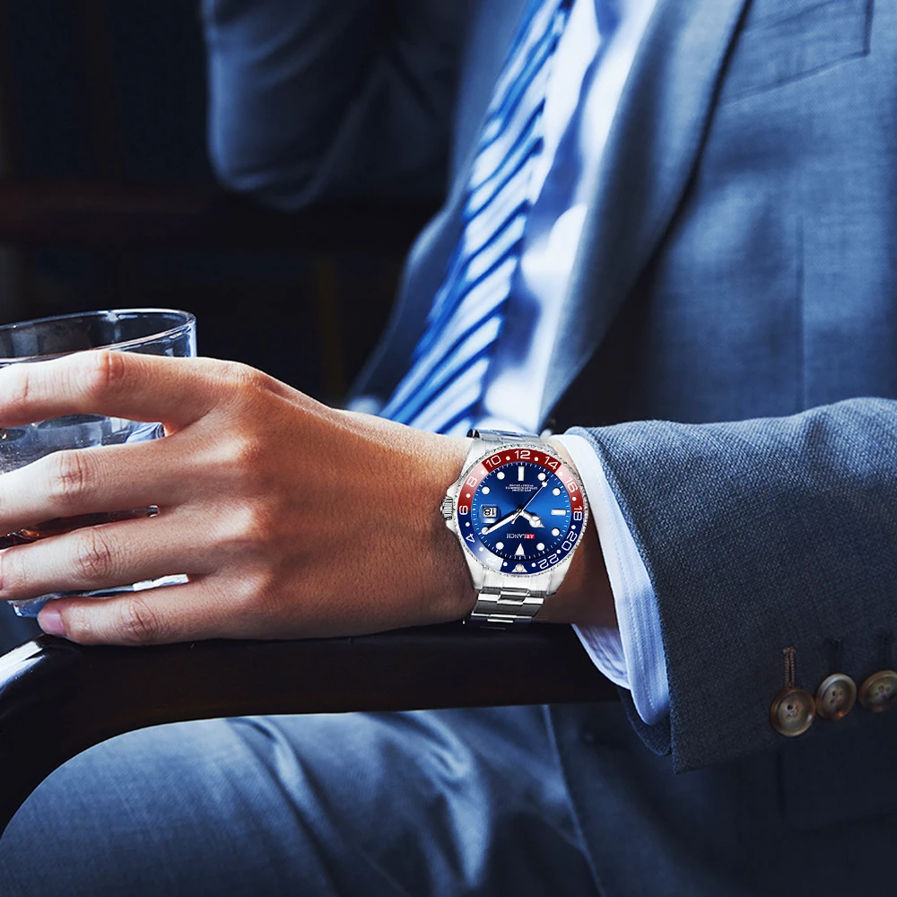 ธุรกิจสแตนเลสนาฬิกา 40 มม.คลาสสิกสีแดงสีฟ้าวงกลมดําน้ํา Series แว่นขยายปฏิทินควอตซ์นาฬิกา montre homme