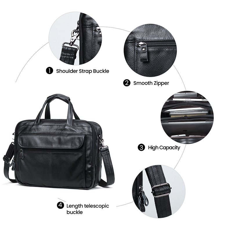Black Genuine Leather Briefcase Men High End Quality Cowhide Designer Luxury Handbag Large Capacity 15.6" Laptop Shoulder Bag