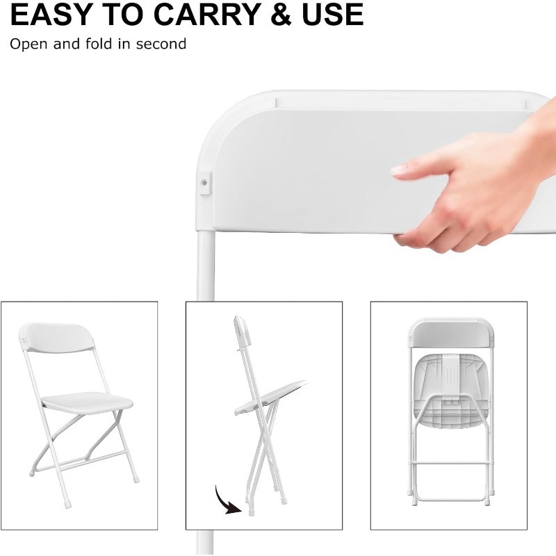 10 Pack White Folding Chairs, Plastic Folding Chair for Outside, Indoor Outdoor Portable Commercial Seat with Steel Frame