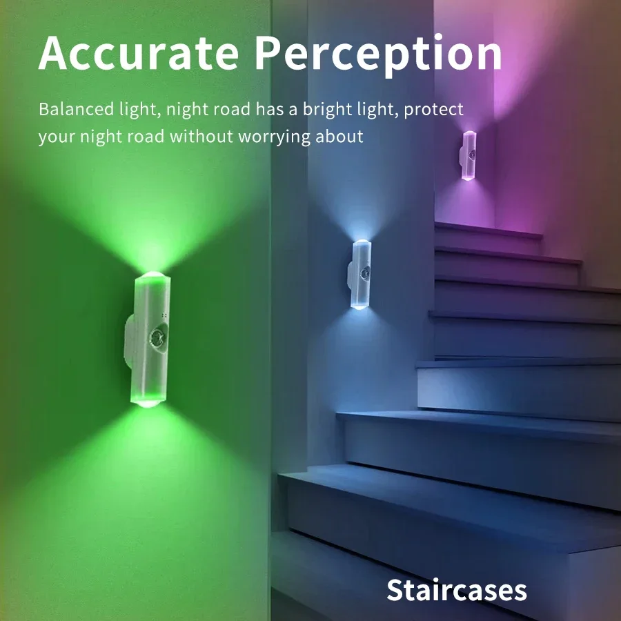 Luz noturna led de cabeça dupla com sensor de movimento, lâmpada de parede magnética recarregável rgb, luz ambiente para armário, corredor, escada