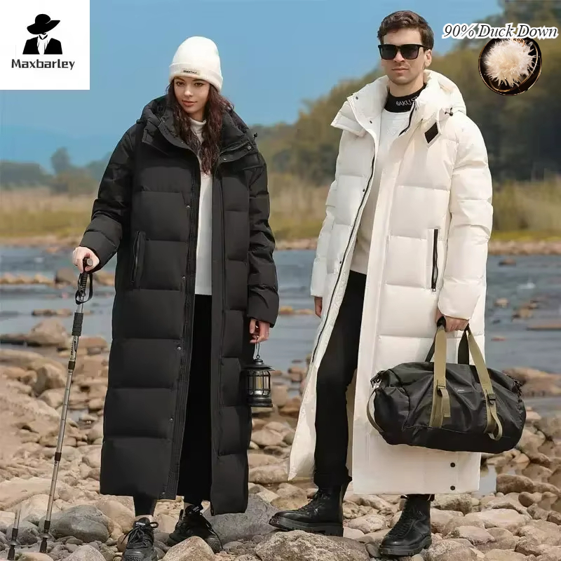 Lekka luksusowa kurtka z gęsiego puchu męska damska moda zimowa z kapturem długa parka za kolano Casual wiatroszczelna męska kurtka puchowa