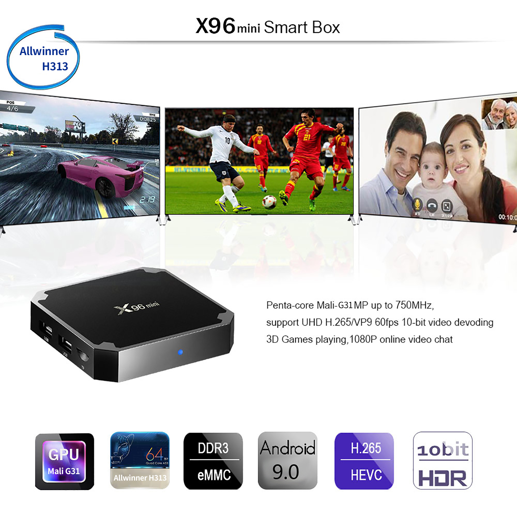 X96 Mini Smart TV BOX Android 9.0 1GB 8GB Allwinner H313 Quad Core Support 4K 3D 30tps WiFi 2.4GHz H.265 VP9 x96mini Set top box
