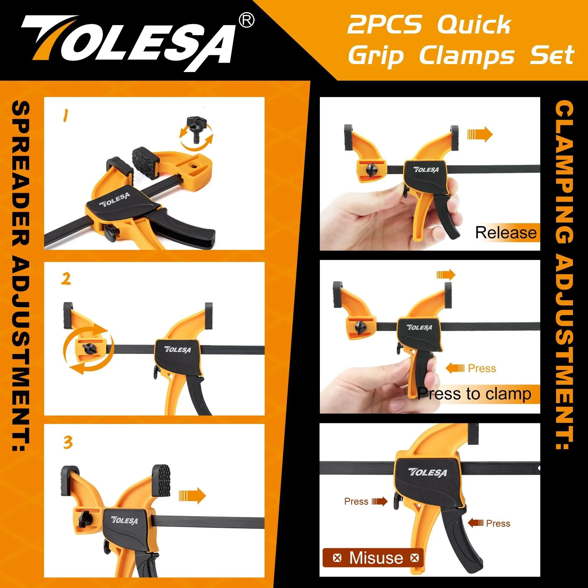 TOLESA 4"/6" Bar Clamps for Woodworking, 2PCS One-Handed Clamp / Spreader, Wood Clamp Set, Light-Duty Quick-Change F Clamp