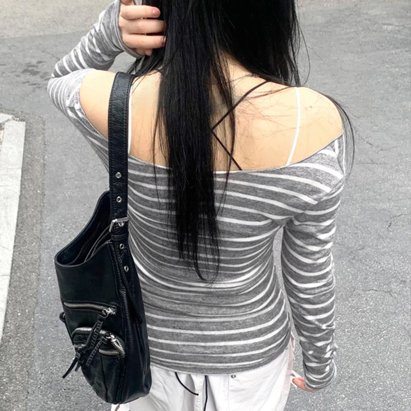 Frühling Herbst Damen Neue japanische Grundmodelle Schlankes langärmeliges gestreiftes T-Shirt Trägerloses koreanisches Street Style y2k dünne Tops