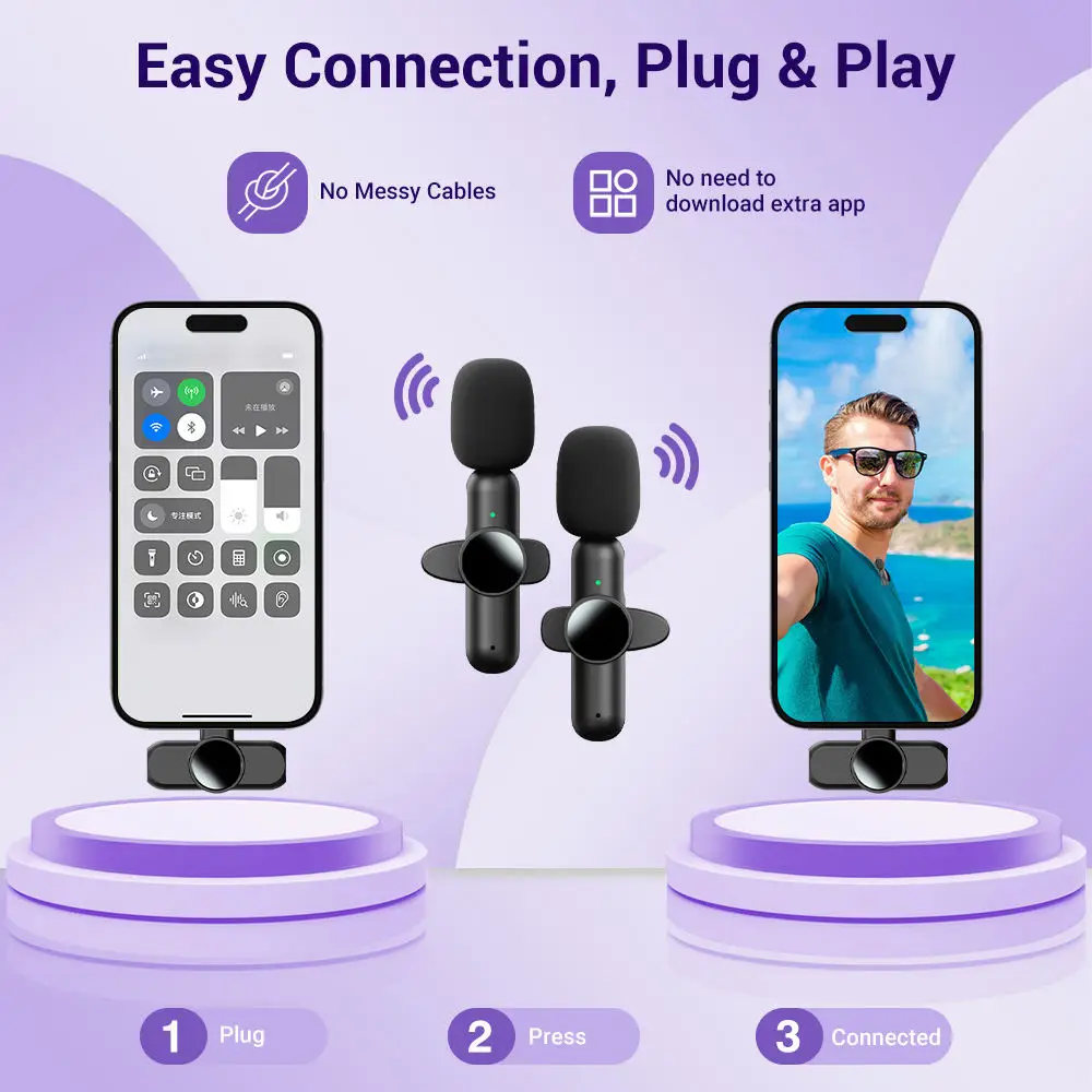 Wireless Lavalier Microphone Mini Portable Smart Noise Reduction Video Recording Microphone for iPhone Android Lapel Mic