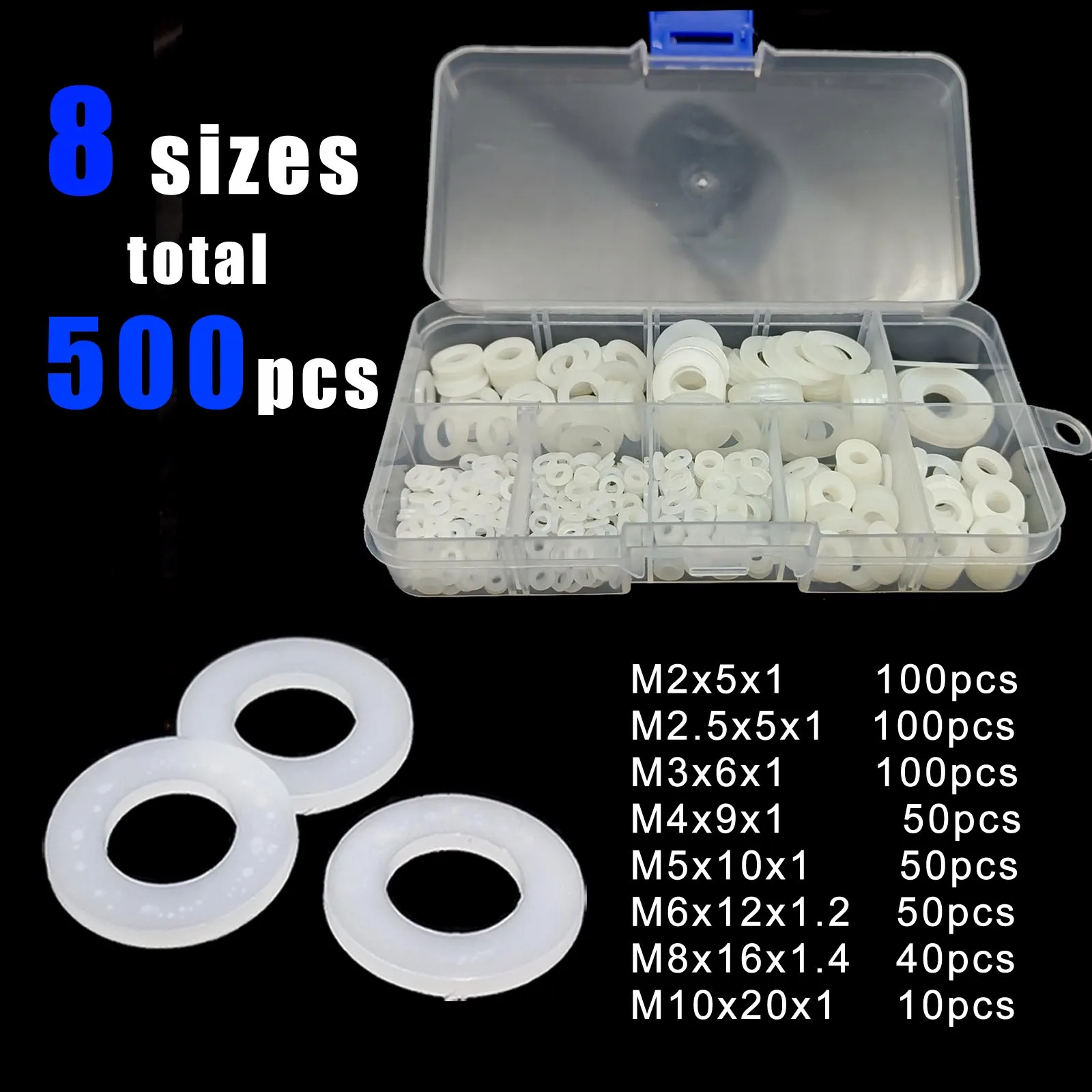 1150/700/500 Stück Kunststoff Nylon flache Unterlegscheibe Plain Spacer Isolierung Dichtungsring Mix M2 M2,5 M3 M4 M5 M6 M8 Sortiment Kit Set Box