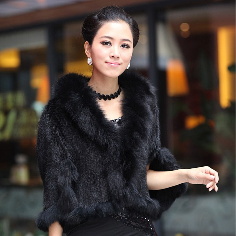 Luxus Damen Herbst Winter Echte Gestrickte Nerz Schals Fuchs Pelz Kragen Frauen Pelz Pashmina Wraps Braut Cape Mantel Jacke
