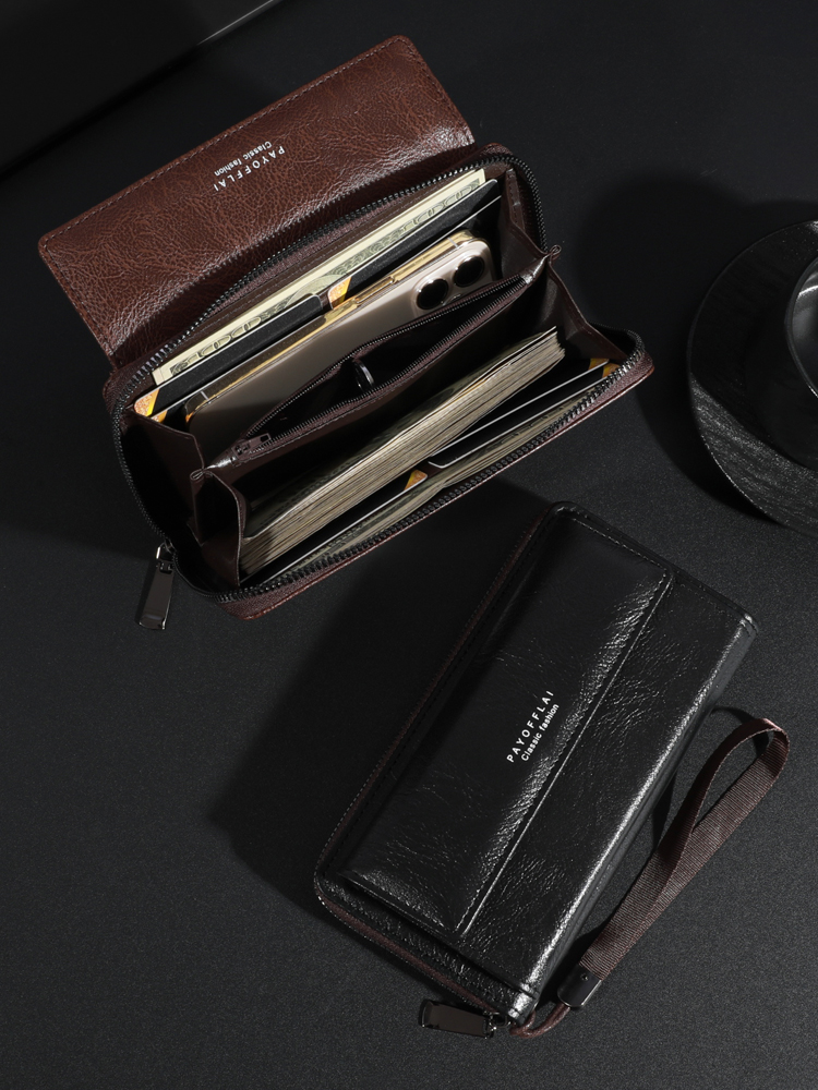 Heren PU-handtas met ritssluiting, grote capaciteit, lange portemonnee, clutch, telefoontas, multi-kaart, kaarthouder, portemonnee, portemonnee, dubbellaags