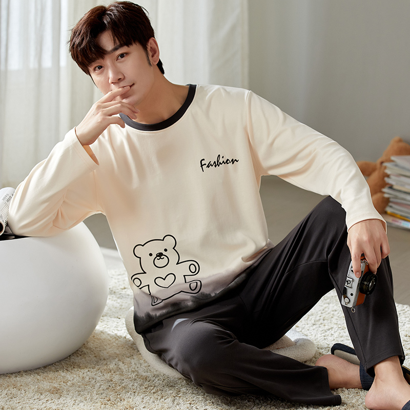 Conjunto de Pijamas de algodón bonito de dinosaurio para hombre, ropa de dormir de manga larga para primavera, ropa de casa para hombre, Pijamas para niño joven, ropa de descanso informal para hombre
