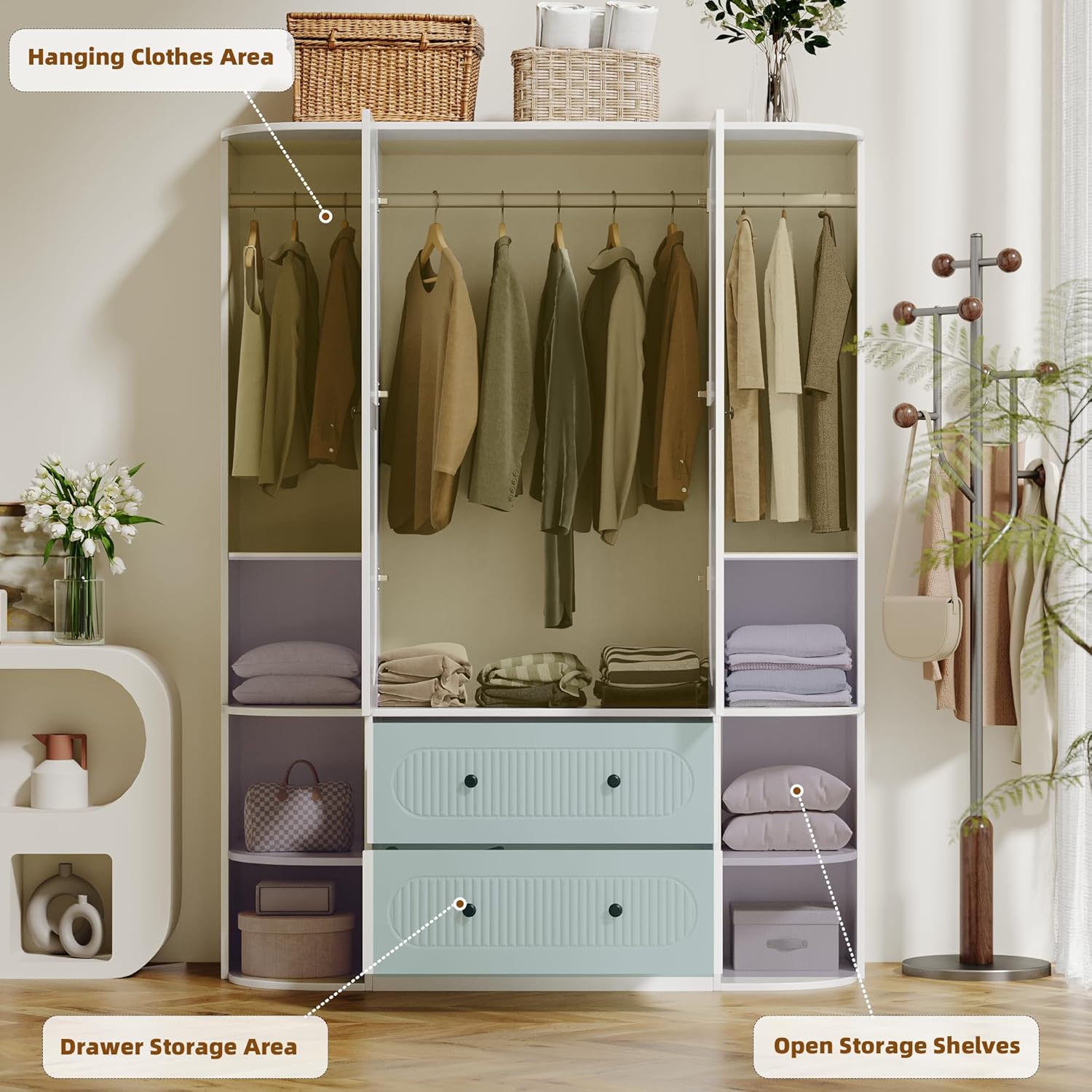 69' Fluted White Wooden Wardrobe with 2 Doors, 3 Rods, 2 Drawers, 6 Shelves Warm home