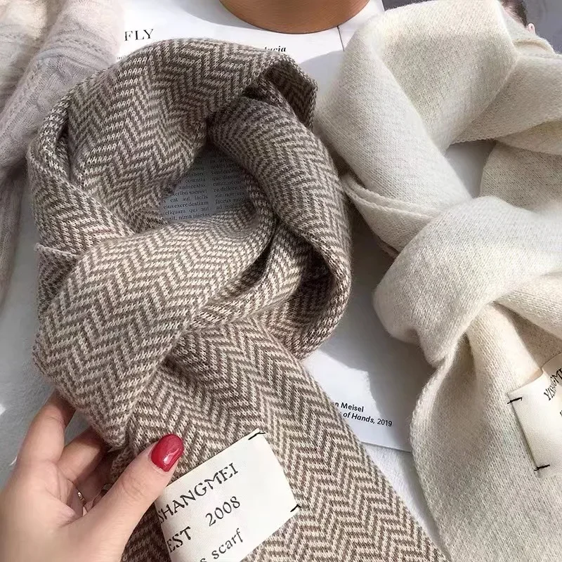 Bufandas de invierno para mujer, bufanda tejida de alta calidad, bufandas con patrón de rayas Vintage blanco de estilo coreano, bufandas cálidas para invierno y exteriores