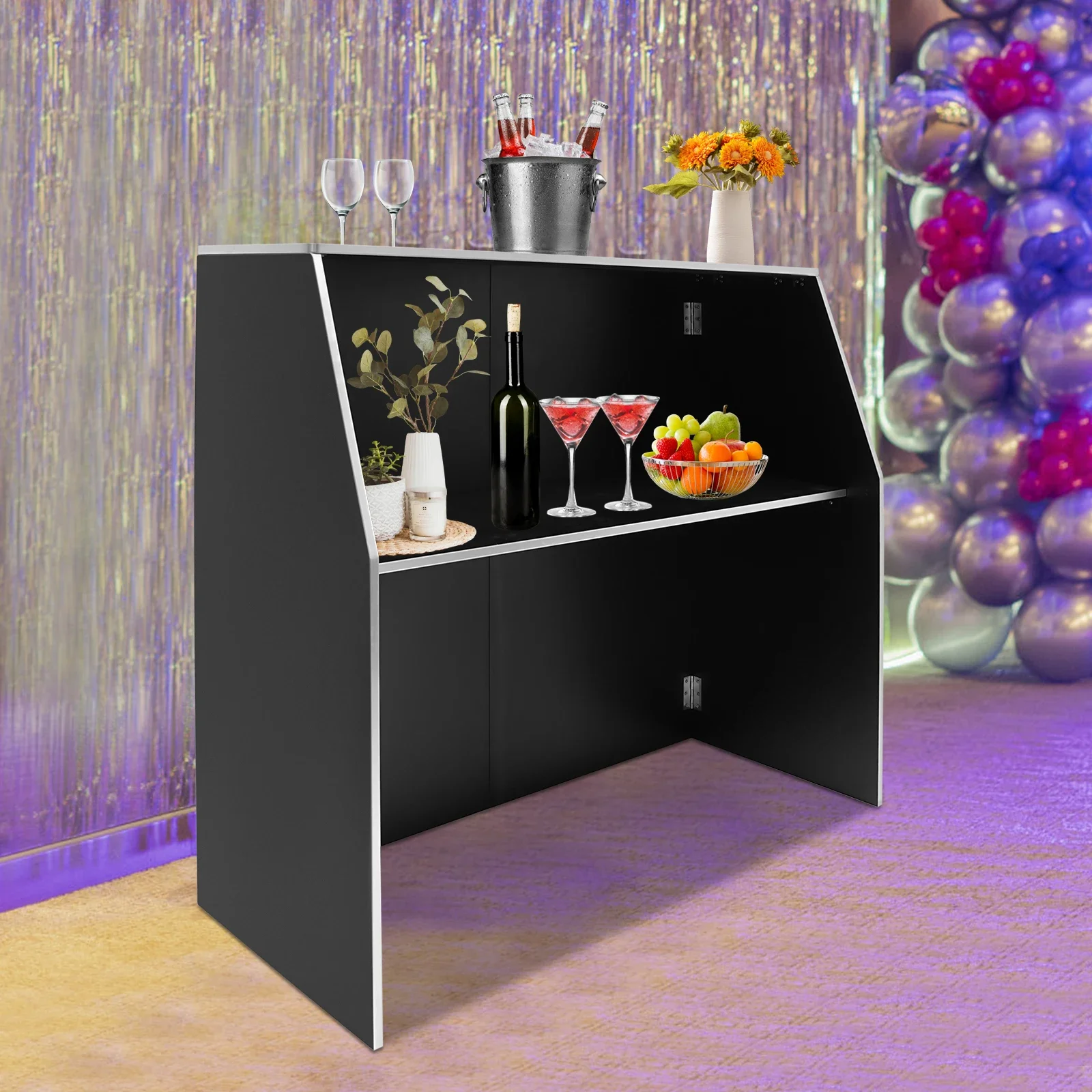 Folding Portable Event Bar with Top and Middle Shelves, Bartender Table Cabinet Station, Mobile Laminate for Parties and Events