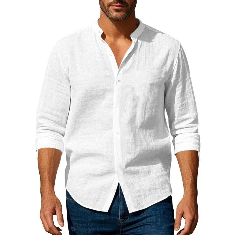 Camisa de lino de algodón para hombre, cuello Henley, Color sólido, ligera, transpirable, ajustada, camisa de un solo pecho, manga larga con botones