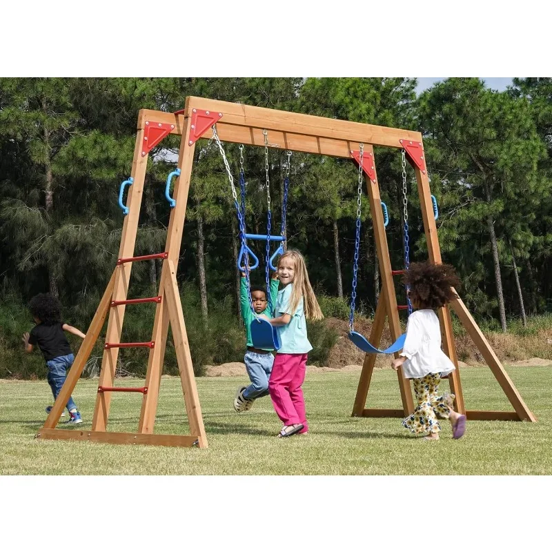 Wood Swing Sets for Backyard with Monkey Bar, Kids Outdoor Play Equipment, Outdoor Playset for Kids with Trapeze Swing Bar