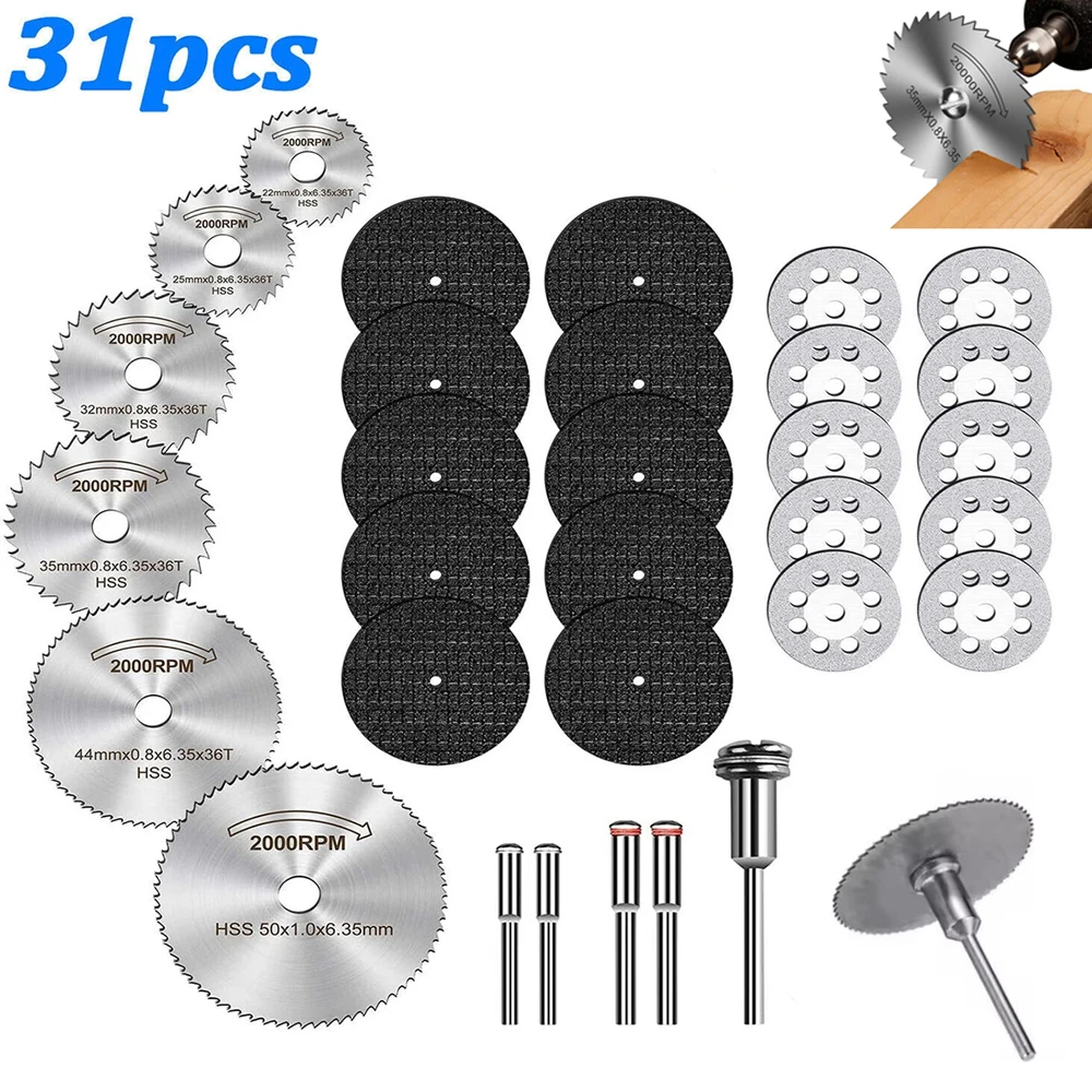 31 discos de corte HSS sierra Circular Mini taladro herramienta rotativa cuchillas de varios tamaños para cortar Metal, madera, piedra, PVC